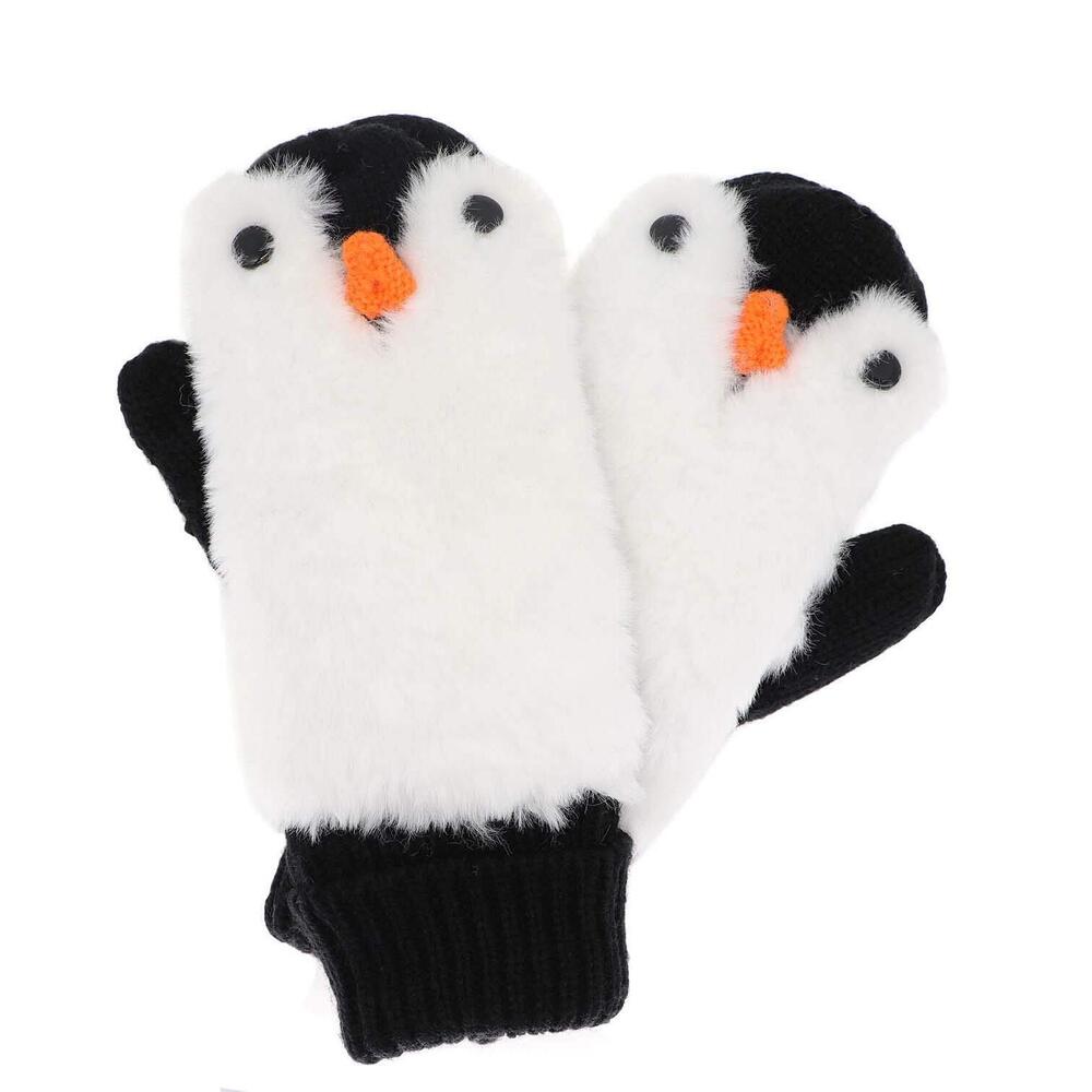 7873 Women Penguin Mitten Glovess Winter Warm Lining Cozy Knit Pluffy Fuzzy